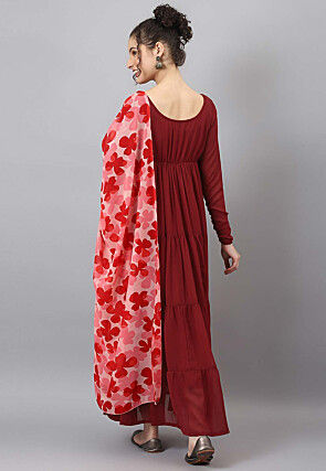 Plain Georgette Abaya Style Suit in Red