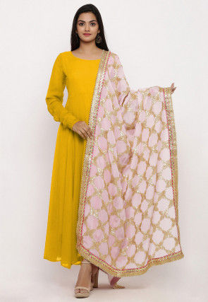 Plain Georgette Abaya Style Suit in Yellow