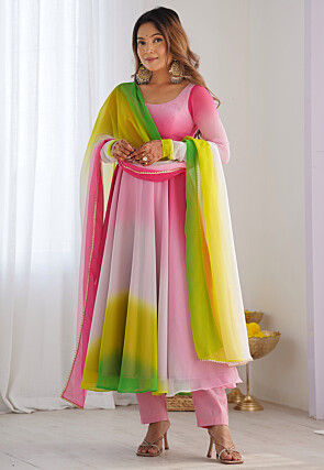 Plain Georgette Anarkali Suit in Multicolor