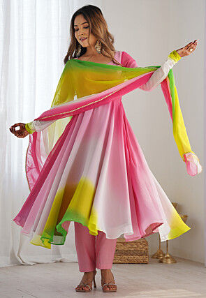 Plain Georgette Anarkali Suit in Multicolor