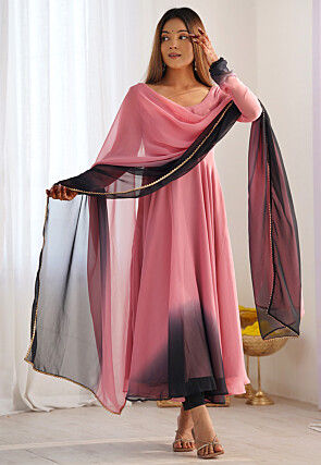 Plain Georgette A Line Suit in Pink and Black