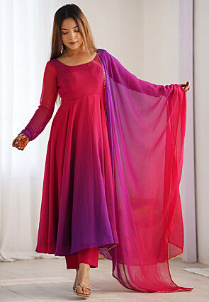 Plain Georgette Anarkali Suit in Pink and Purple