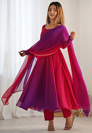 Plain Georgette Anarkali Suit in Pink and Purple