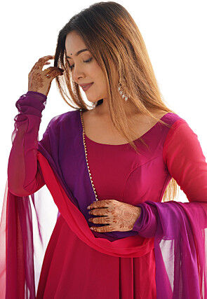 Plain Georgette Anarkali Suit in Pink and Purple