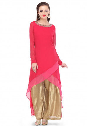 Plain Georgette Asymmetric Kurta Set in Fuchsia
