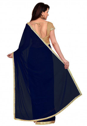 Plain Georgette Saree in Navy Blue
