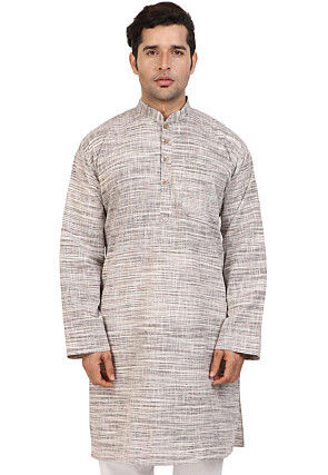 Plain Handloom South Cotton Slub Kurta in Fawn and Off White