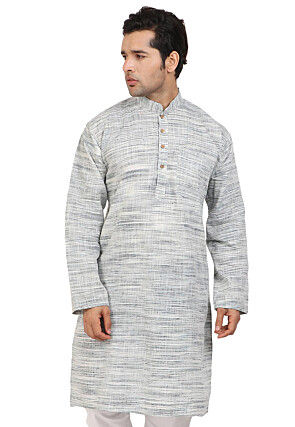 Plain Handloom South Cotton Slub Kurta in Grey and Off White