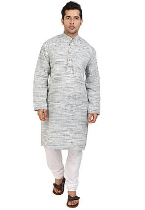 Plain Handloom South Cotton Slub Kurta in Grey and Off White