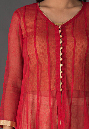 Plain Jute Net Lehenga in Red