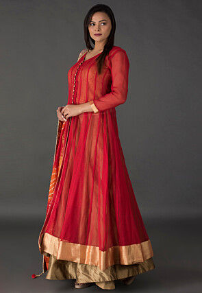 Plain Jute Net Lehenga in Red