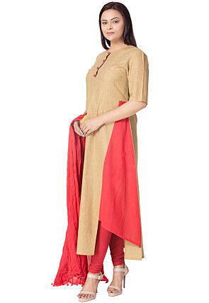 Plain Linen Cotton A Line Suit in Light Beige