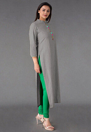 Plain Linen Cotton Straight Kurta in Grey