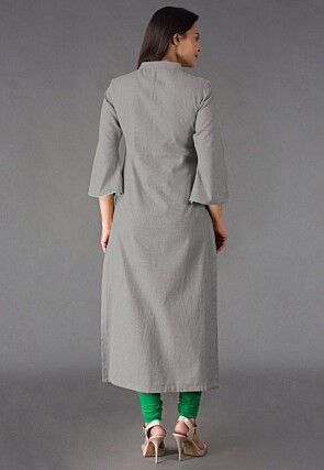 Plain Linen Cotton Straight Kurta in Grey