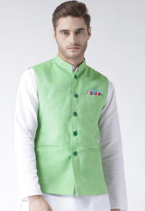 Plain Linen Nehru Jacket in Light Green