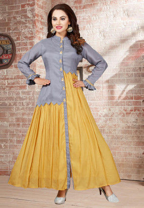 Plain Muslin Silk Flared Gown in Grey and Mustard