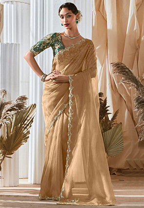 Embroidered Border Organza Saree in Beige