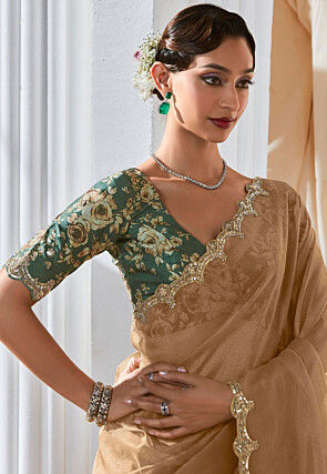Embroidered Border Organza Saree in Beige