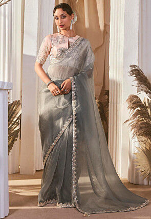 Plain Organza Saree in Grey