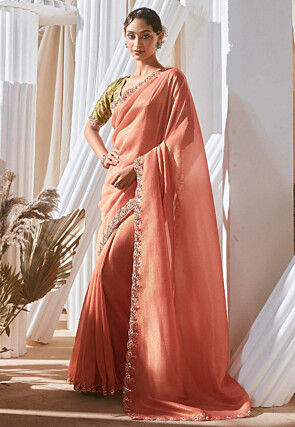 Embroidered Border Organza Saree in Peach