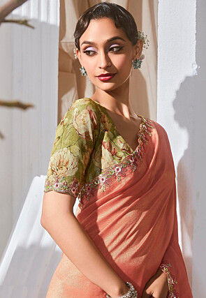 Embroidered Border Organza Saree in Peach