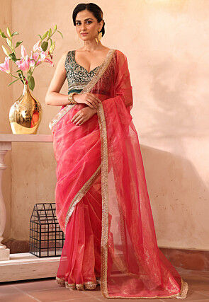 Solid Color Organza Shimmer Saree in Pink