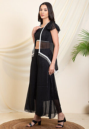 Plain Polyester Crop Top Set in Black