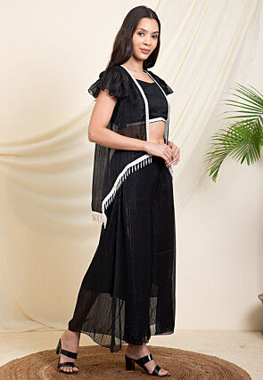 Plain Polyester Crop Top Set in Black