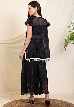 Plain Polyester Crop Top Set in Black