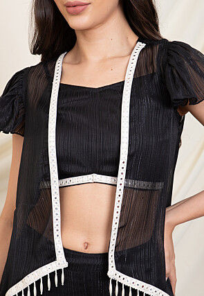 Plain Polyester Crop Top Set in Black