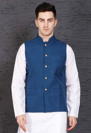 Plain Polyester Nehru Jacket in Dark Blue
