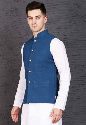 Plain Polyester Nehru Jacket in Dark Blue