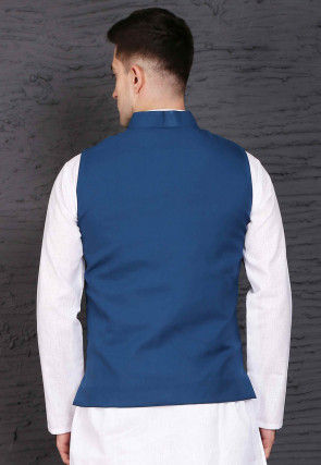 Plain Polyester Nehru Jacket in Dark Blue