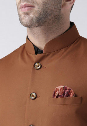Plain Polyester Viscose Nehru Jacket in Brown