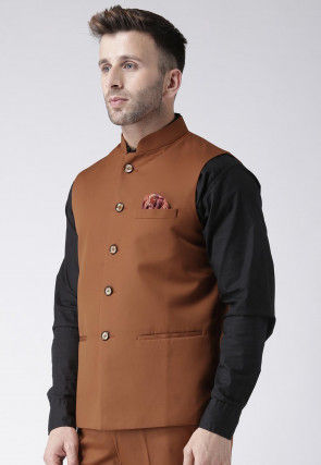 Plain Polyester Viscose Nehru Jacket in Brown