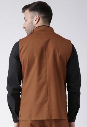 Plain Polyester Viscose Nehru Jacket in Brown
