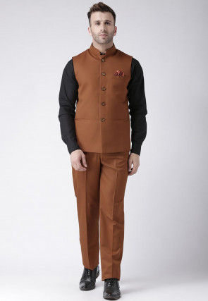 Plain Polyester Viscose Nehru Jacket in Brown