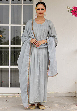 Plain Pure Cotton A Line Suit in Grey