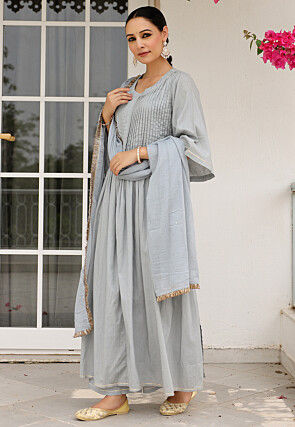 Plain Pure Cotton A Line Suit in Grey