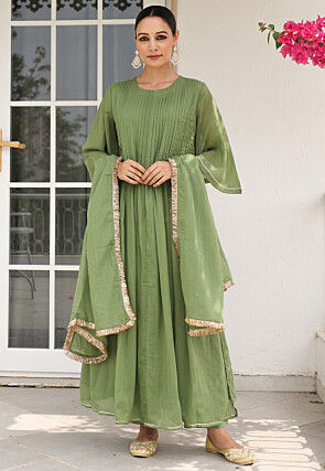 Plain Pure Cotton A Line Suit in Light Green