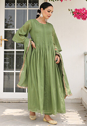 Plain Pure Cotton A Line Suit in Light Green