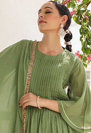 Plain Pure Cotton A Line Suit in Light Green