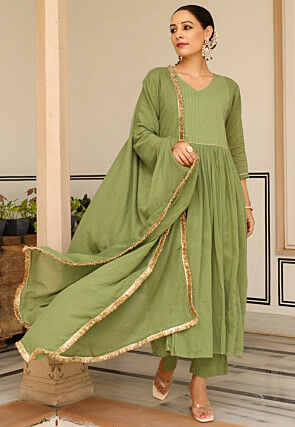 Plain Pure Cotton A Line Suit in Olive Green