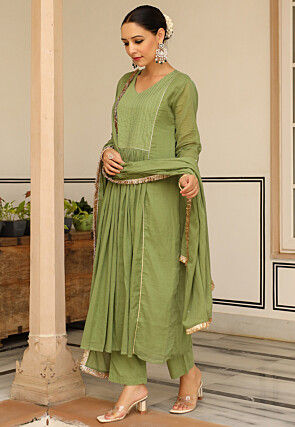Plain Pure Cotton A Line Suit in Olive Green