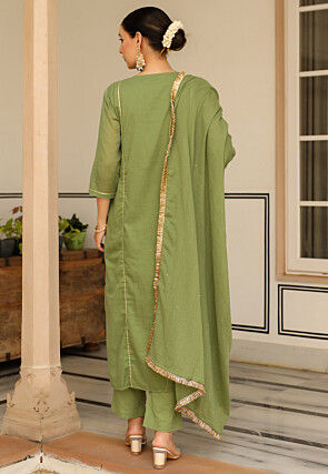 Plain Pure Cotton A Line Suit in Olive Green