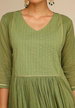 Plain Pure Cotton A Line Suit in Olive Green