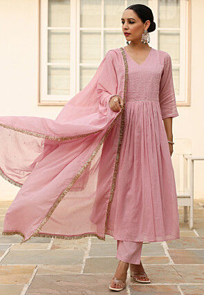 Plain Pure Cotton A Line Suit in Pink