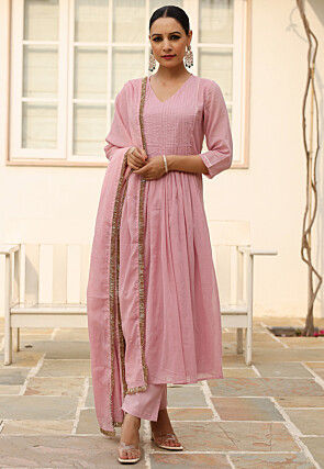 Plain Pure Cotton A Line Suit in Pink