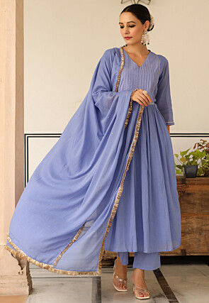 Plain Pure Cotton A Line Suit in Purple