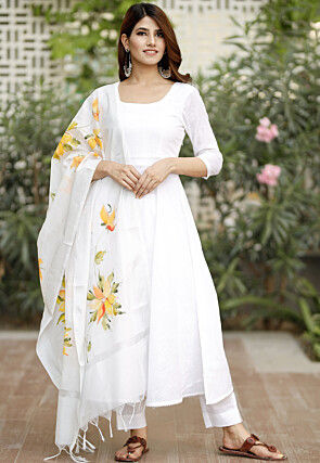 Plain Pure Cotton A Line Suit in White